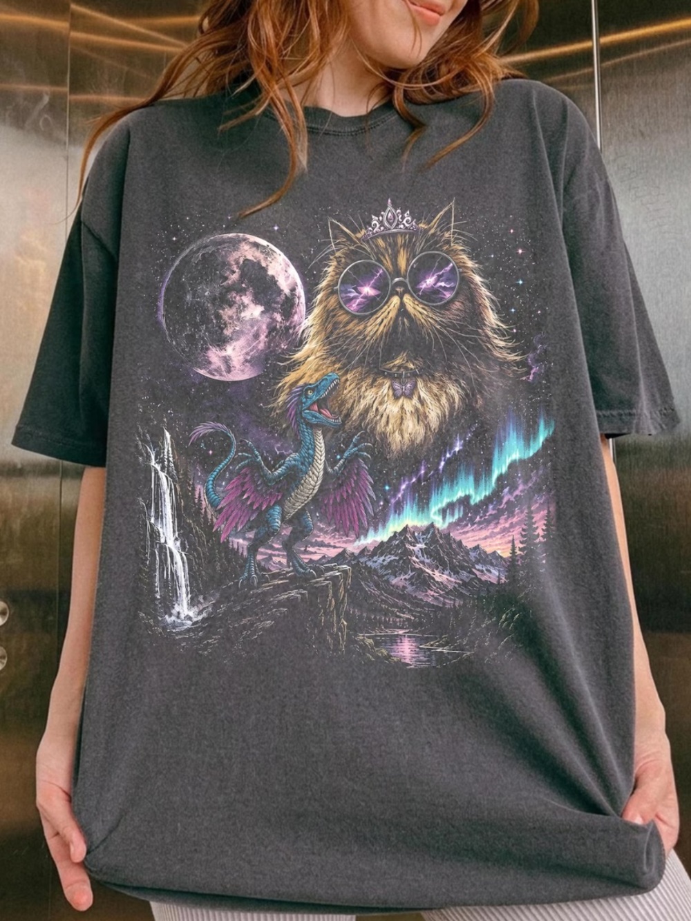 Comfort Colors Pepper Tee with Purple and Teal Fantasy Cat Graphic